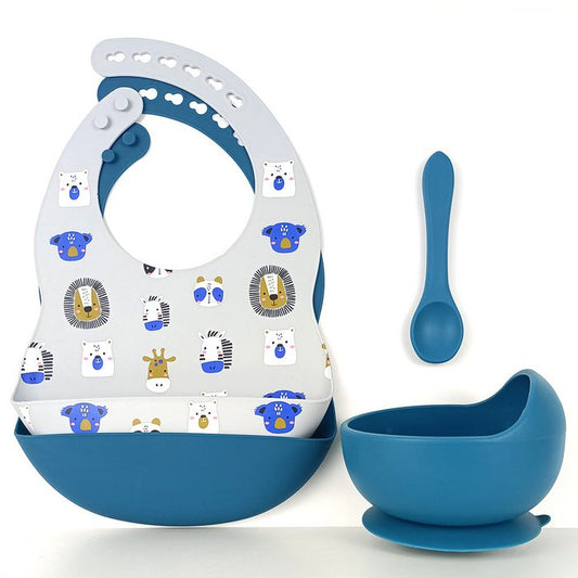 Set siliconen slabbetjes + kom met zuignap en lepel Leeuw Blauw - Rammelaartje